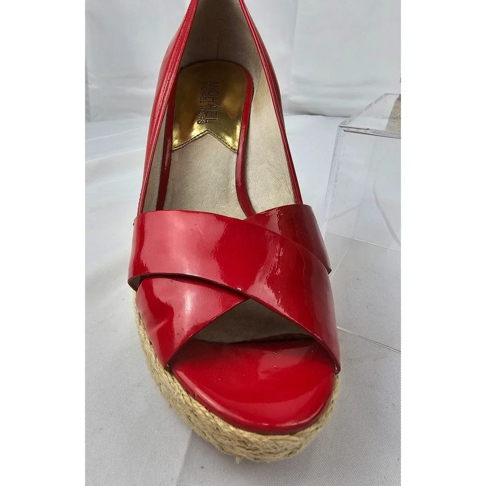 Michael Kors Red Patent Leather Espadrille Platform Wedge Heels Shoes Size 7.5
